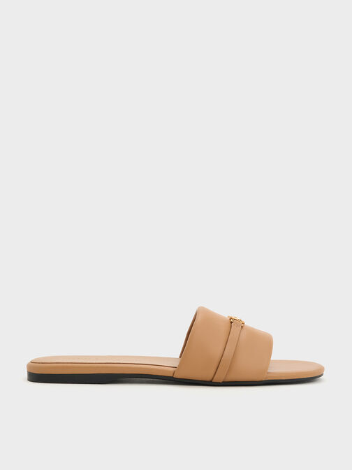 Metallic Accent Round-Toe Slide Sandals, Camel, hi-res