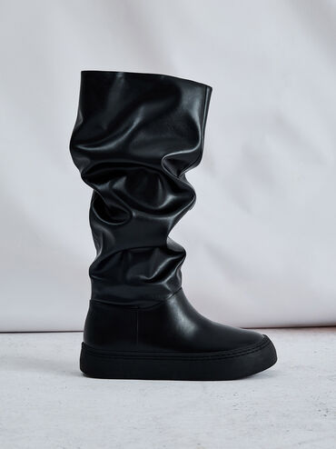 Ruched Slouchy Knee-High Boots, Black, hi-res