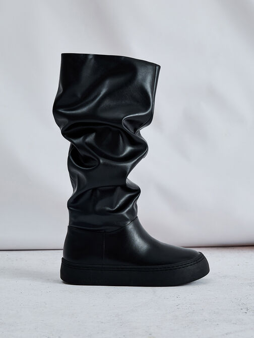 Ruched Slouchy Knee-High Boots, Black, hi-res