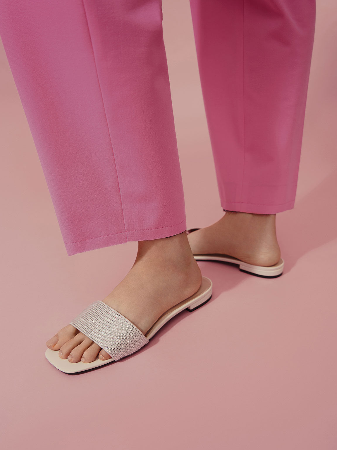 Gem Embellished Slide Sandals, Cream, hi-res