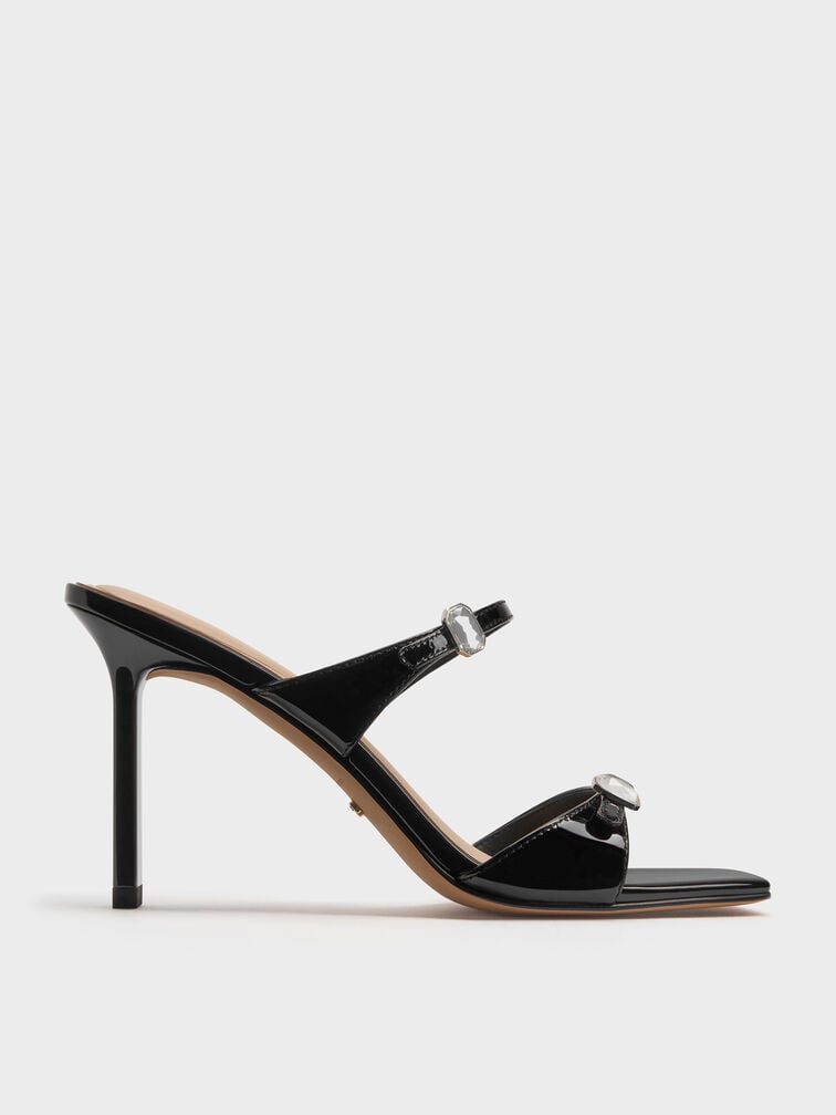 Patent Leather Gem-Buckle Double-Strap Heeled Sandals, Black Patent, hi-res