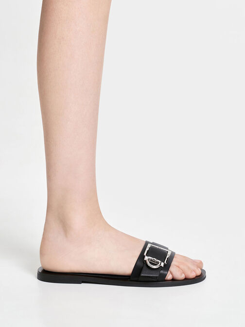 Metallic Buckle Slides, Black, hi-res