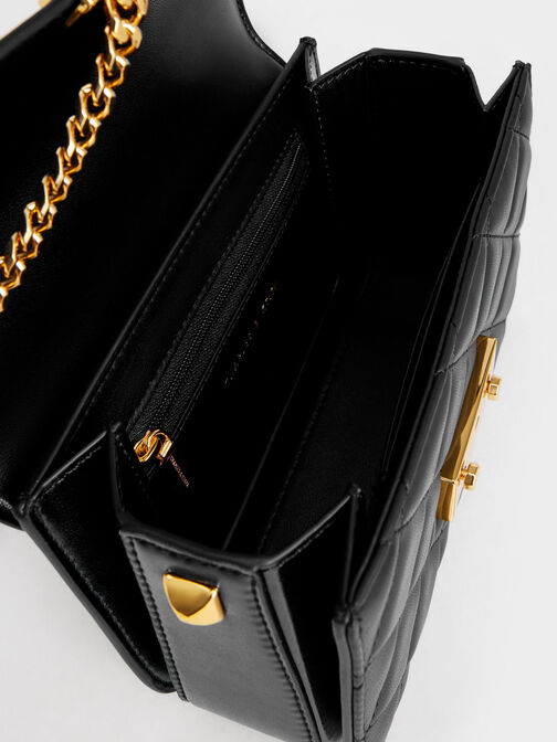 Metallic Push-Lock Chain Bag, Black, hi-res