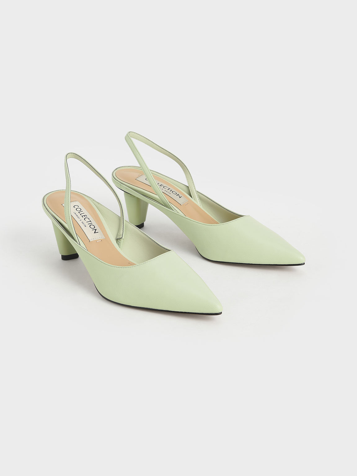 Leather Sculptural Heel Slingback Pumps, Green, hi-res