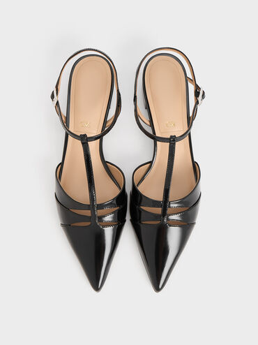 Tacones de bloque con tira en T de cuero, Negro pulido, hi-res