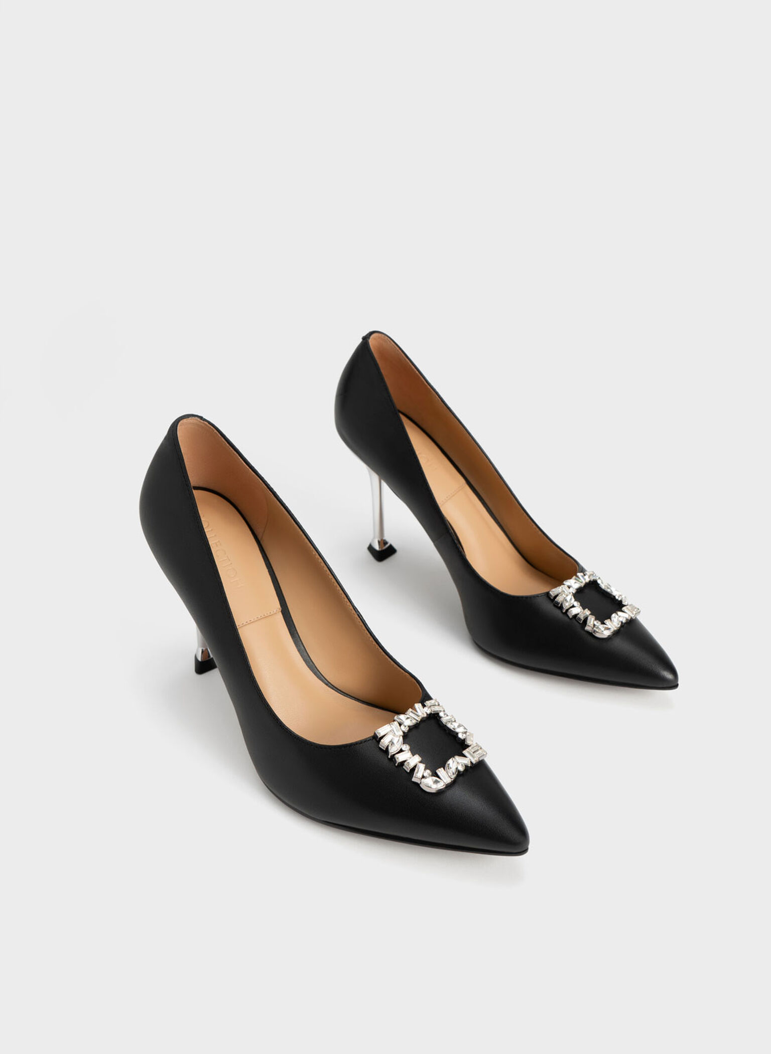 Leather Gem-Embellished Pumps, Black, hi-res