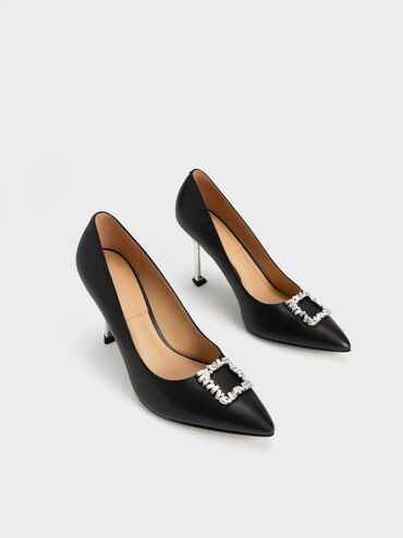 Leather Gem-Embellished Pumps, Black, hi-res