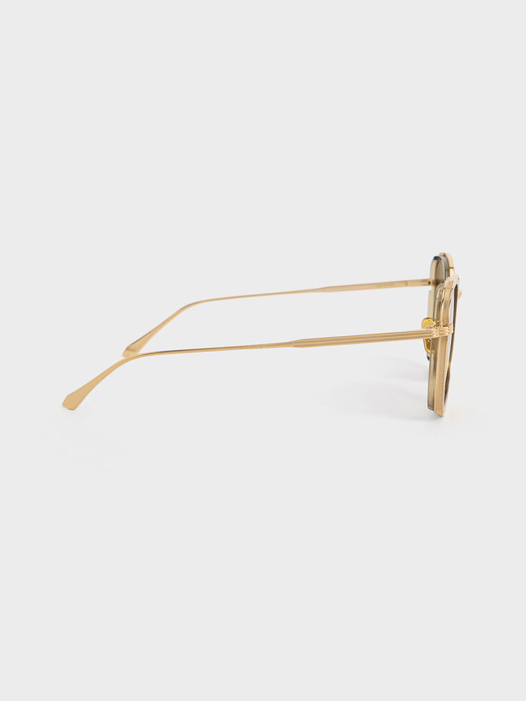 Lynx Recycled Acetate Metallic-Rim Oversized Sunglasses, Khaki, hi-res