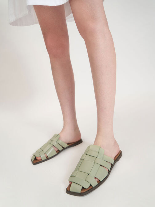 Woven Flat Mules, Sage Green, hi-res