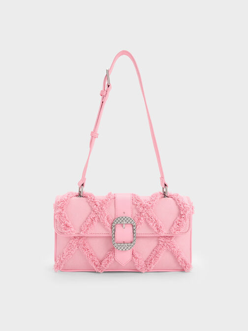 Eilith Frayed Denim Buckled Bag, Pink, hi-res