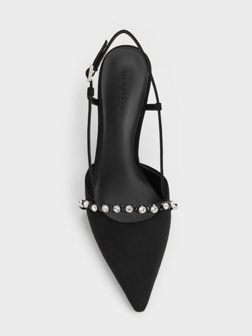 Faux Suede Crystal Slingback Pumps, Black Textured, hi-res