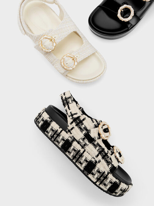 Tweed Pearl-Buckle Double Strap Sandals, Chalk, hi-res