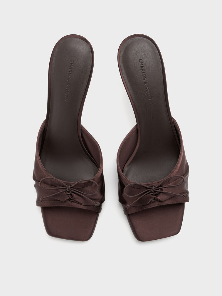 Satin Ruched Bow Heeled Mules, Dark Brown, hi-res