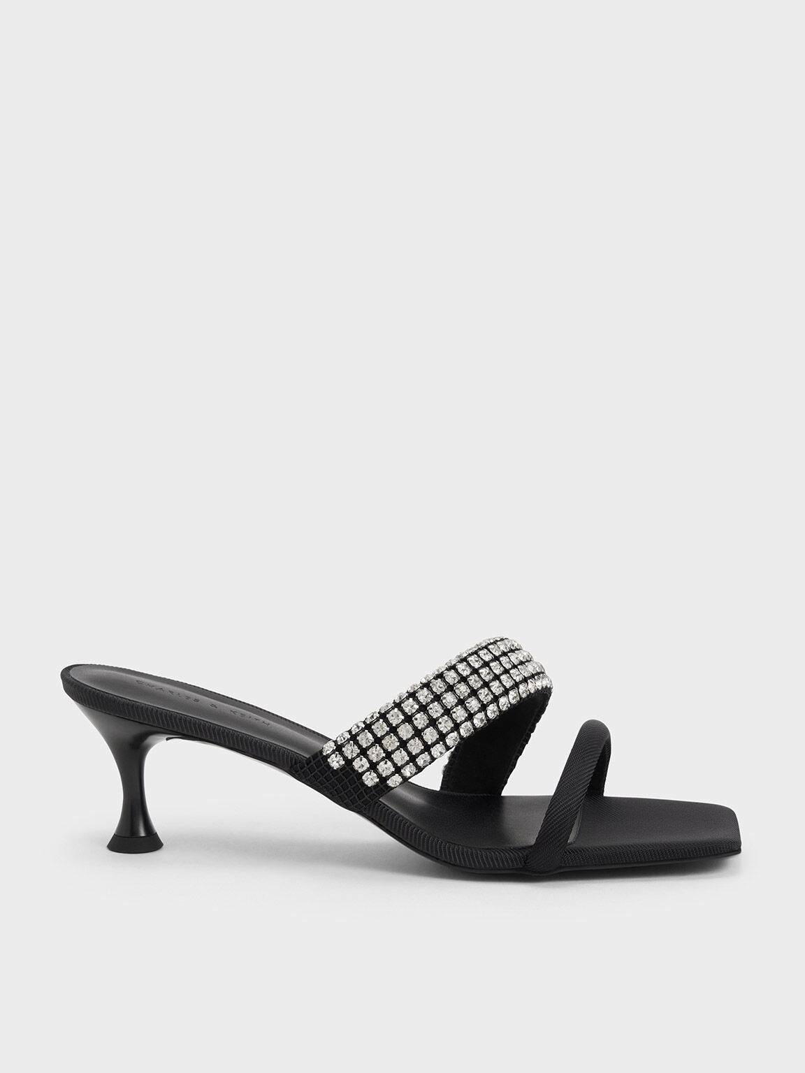 Gem Embellished Strappy Mules, Black, hi-res