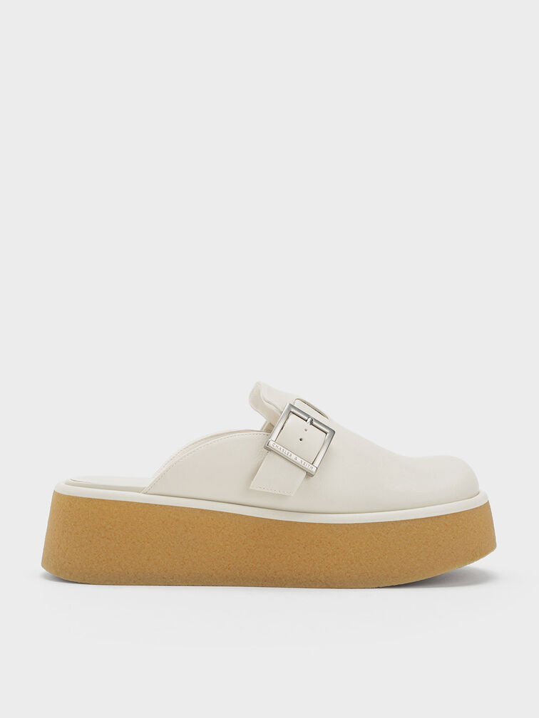 Textured Buckled Flatform Mules, Cream, hi-res