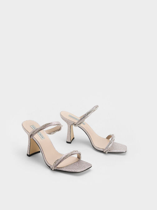 Embellished Twisted Strap Glittered Sandals, Silver, hi-res