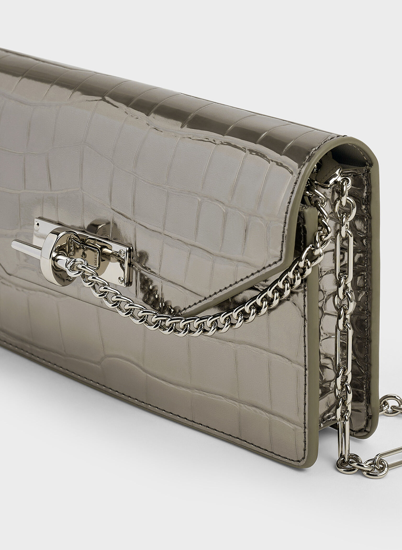 Samantha Metallic Croc-Effect Chain-Embellished Crossbody Bag, Pewter, hi-res