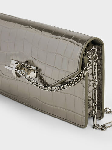 Samantha Metallic Croc-Effect Chain-Embellished Crossbody Bag, Pewter, hi-res