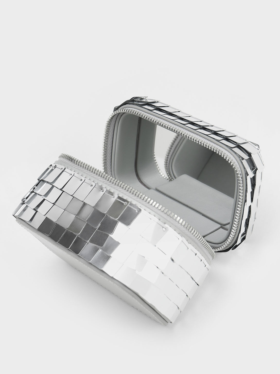 Disc-Embellished Vanity Pouch, Silver, hi-res