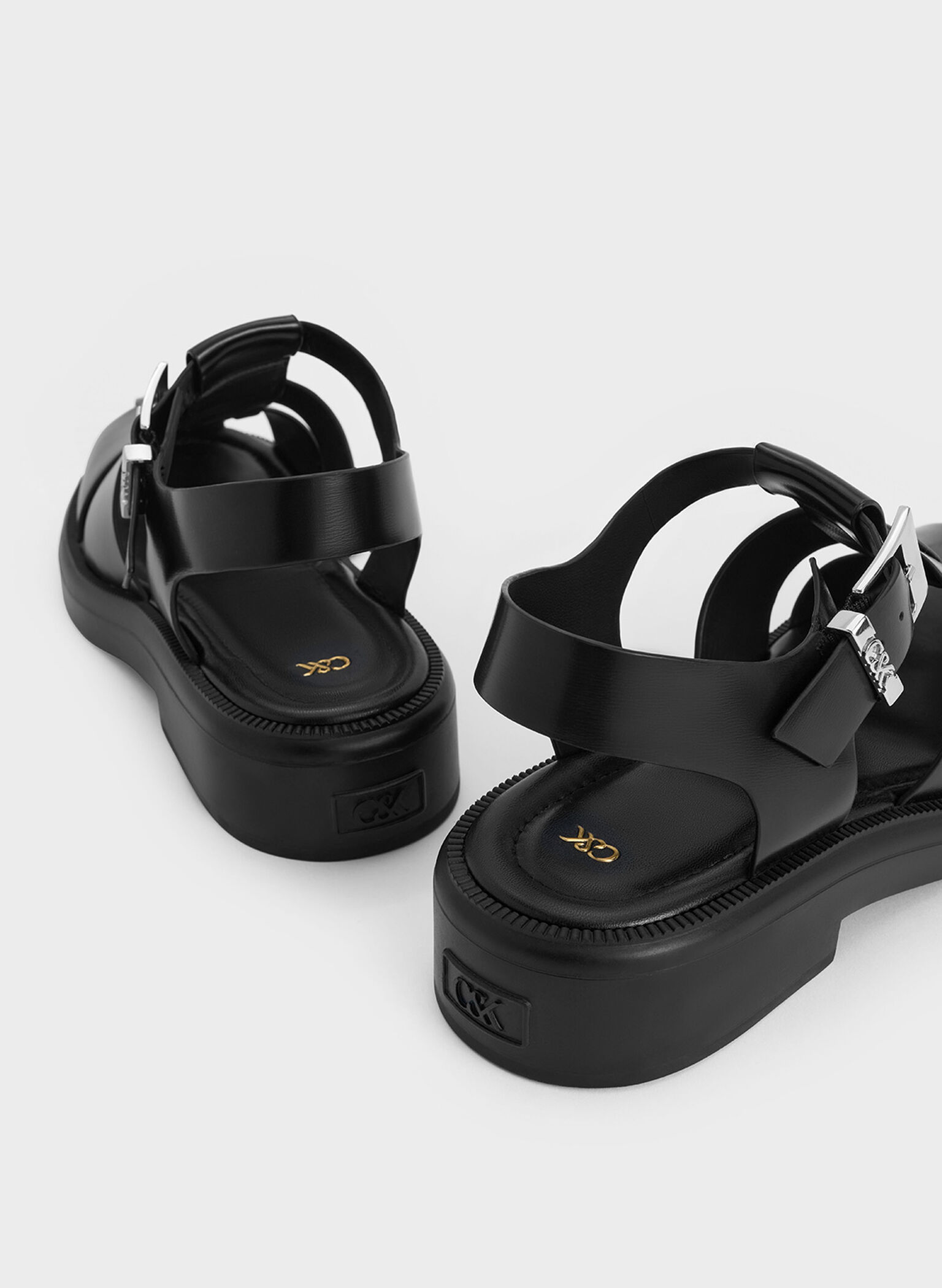 Leather Caged Sandals, Black, hi-res