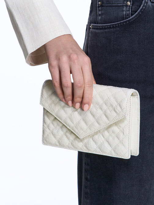 Duo Quilted Envelope Clutch, White, hi-res