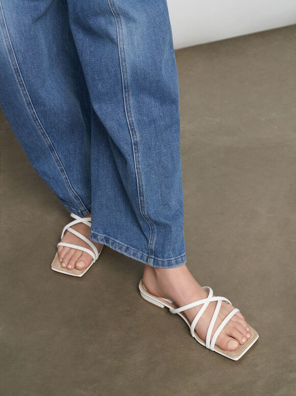 Strappy Square Toe Sandals, White, hi-res