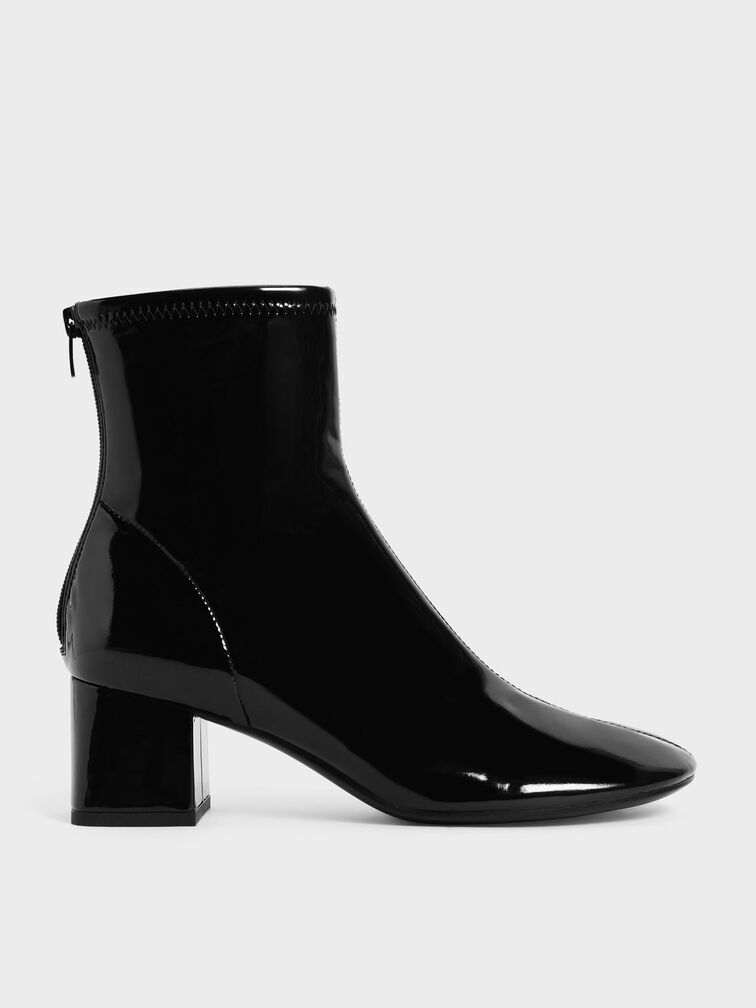 Patent Block Heel Ankle Boots - Black