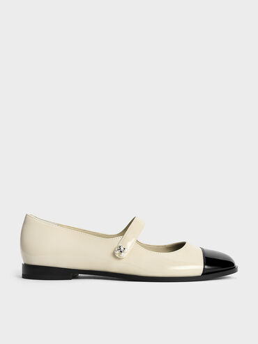 Patent Pearl-Embellished Flower-Buckle Cap-Toe Mary Janes, Chalk, hi-res