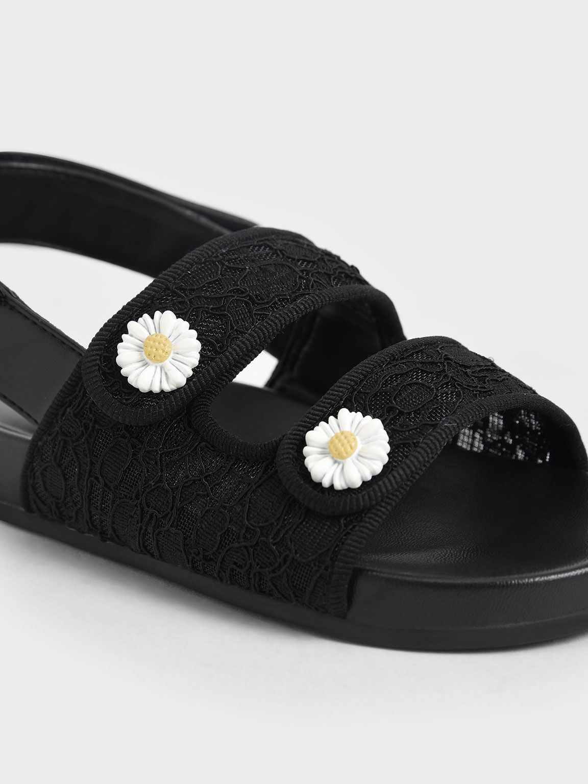 Girls' Lace Flower-Embellished Platform Sandals, Black, hi-res