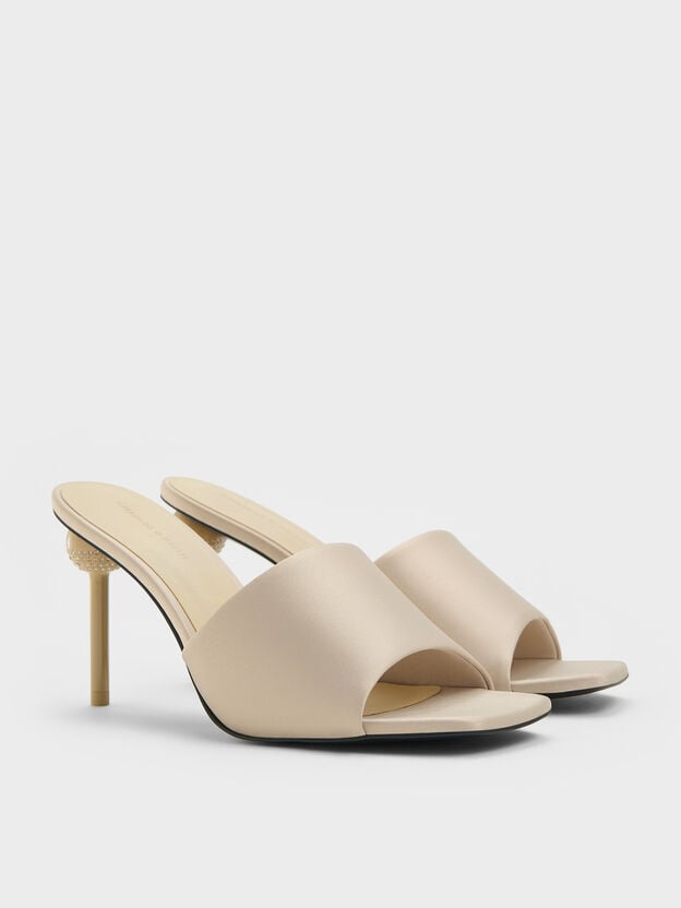 Satin Crystal Ball-Heel Mules, Gold, hi-res