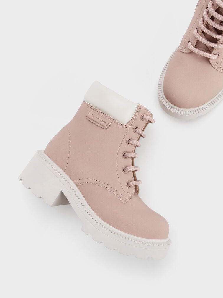 Girls' Side-Zip Ridged-Sole Lace-Up Ankle Boots, Blush, hi-res