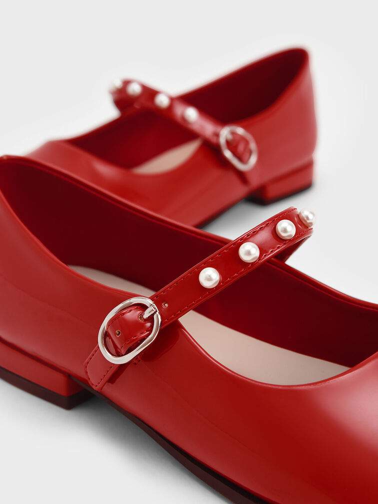 Girls' Patent Pearl-Embellished Mary Janes, Red, hi-res