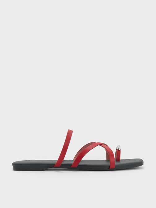 Metallic-Accent Strappy Toe-Ring Sandals, Red, hi-res
