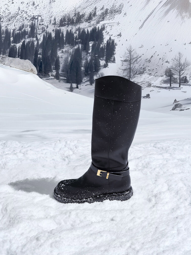 Botas altas de cuero con tira con hebilla, Negro, hi-res