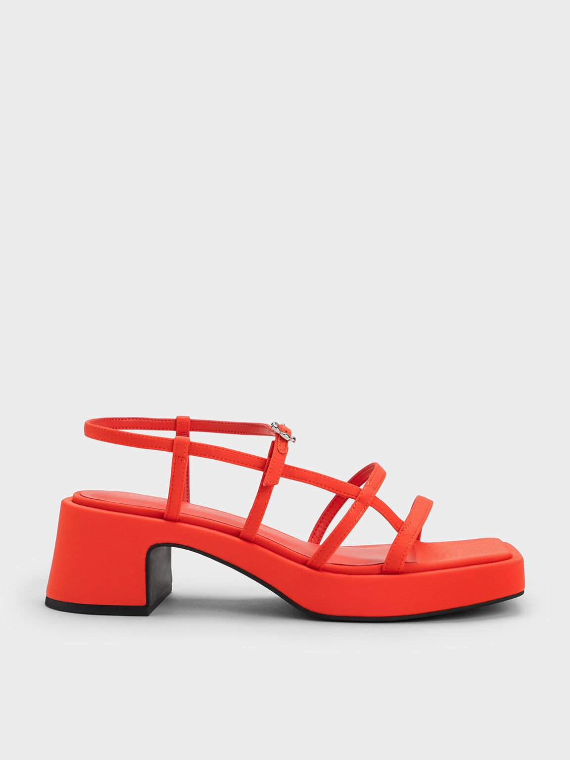 Flower-Buckle Strappy Sandals, Red, hi-res