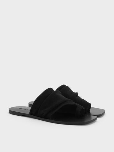 Faux Suede Ruched Toe-Ring Sandals, Black Textured, hi-res
