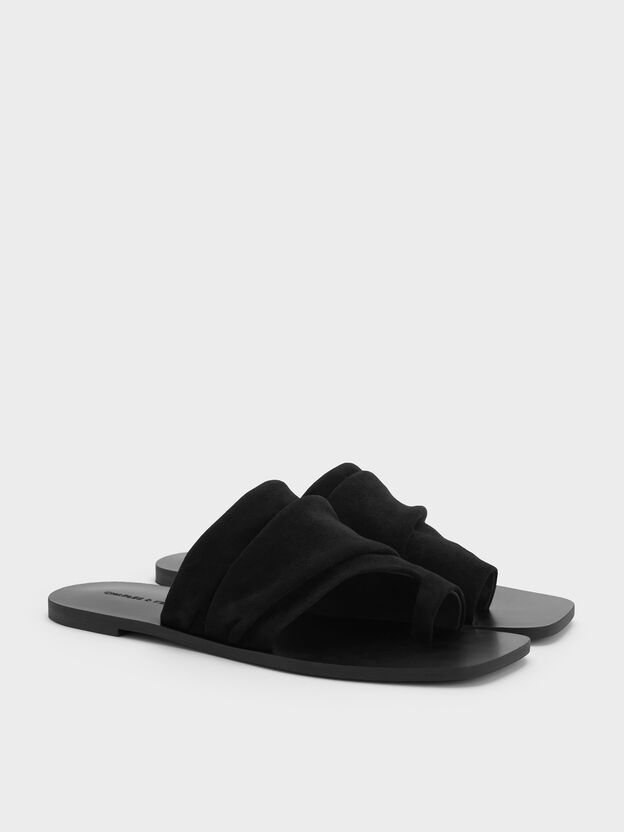 Faux Suede Ruched Toe-Ring Sandals, Black Textured, hi-res