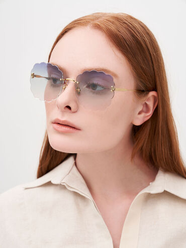 Multi-Tinted Scalloped Butterfly Sunglasses, Blue, hi-res