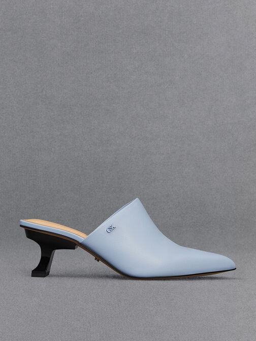 Leather Sculptural-Heel Mules, Light Blue, hi-res