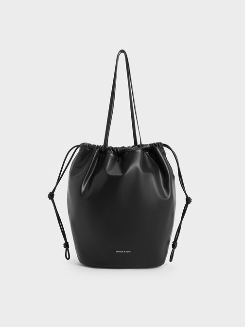 Sianna Ruched Drawstring Tote Bag, Black, hi-res