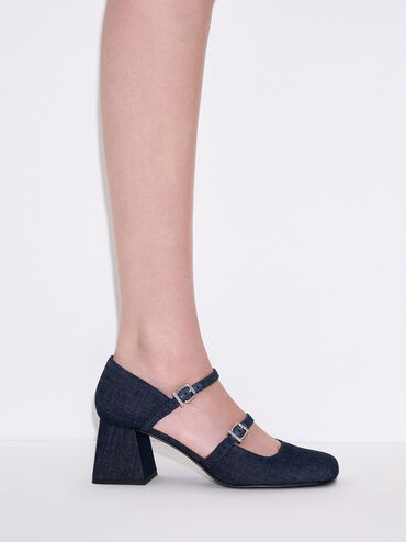 Denim Double-Strap D'Orsay Pumps, Dark Blue, hi-res