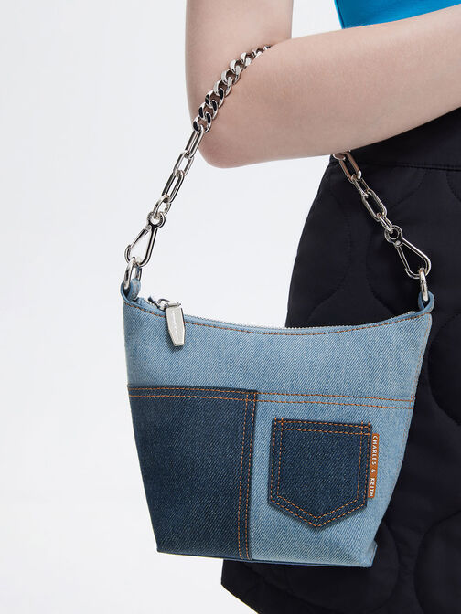 Anthea Denim Contrast-Trim Shoulder Bag, Denim Blue, hi-res
