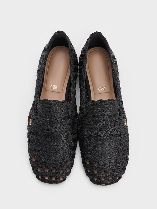 Raffia Woven Loafers, Black Textured, hi-res