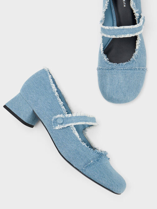 Denim Block Heel Mary Janes, Light Blue, hi-res