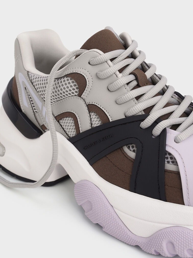 Mesh Contrast-Trim Chunky Sneakers, Brown, hi-res