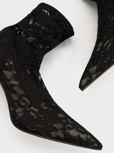 Lace & Mesh Ankle Boots, Black Textured, hi-res