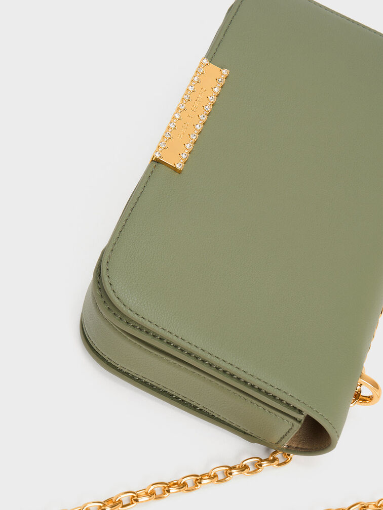 Bolso de Cuero Estampado con Correa de Cadena, Verde salvia, hi-res