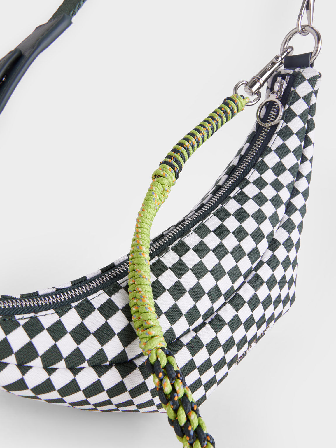 Knit & Nylon Checkered Croissant Bag, Dark Green, hi-res