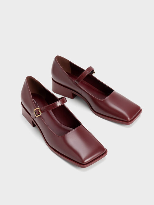 Square-Toe Mary Jane Pumps, Maroon, hi-res