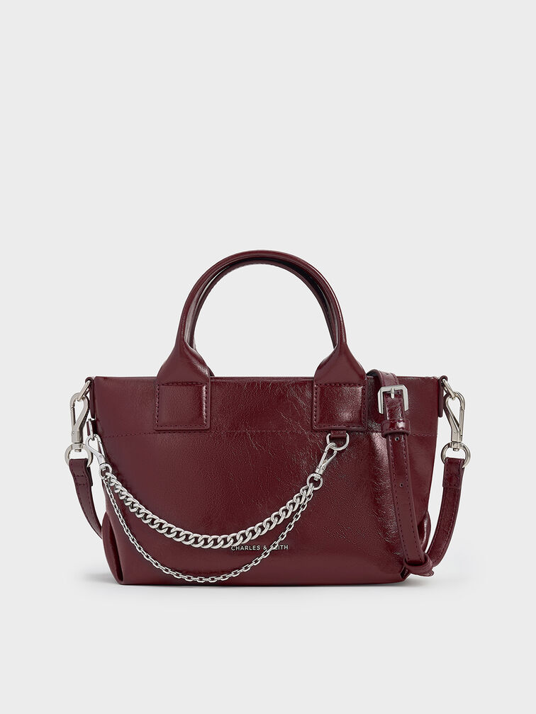 Atwood Crinkle-Effect Chain-Embellished Tote Bag, Burgundy, hi-res